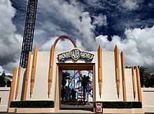 The park's entrance archway, with a banner displaying "WB MOVIE WORLD".