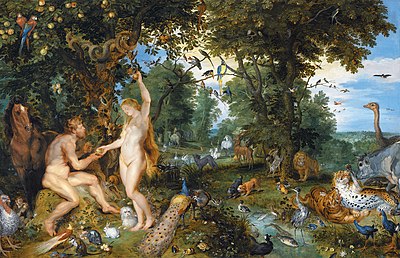 The Garden of Eden with the Fall of Man by Jan Brueghel the Elder and Pieter Paul Rubens, c. 1615, depicting Eve reaching for the forbidden fruit beside the Devil portrayed as a serpent