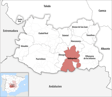 Die Lage des Gerichtsbezirk Valdepeñas in der Provinz Ciudad Real