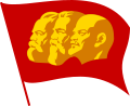 Flag featuring the "Three Heads" of Karl Marx, Friedrich Engels, and Vladimir Lenin.