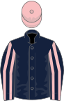 Dark blue, pink striped sleeves, pink cap