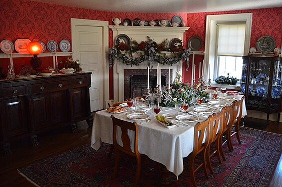 The home's dining room, decorated for the holiday season