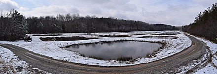 A series of shallow ponds arranged in a grid and surrounded by forest. There is light snow on the ground.