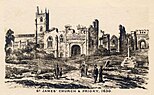 Monochrome illustration of St James' church and Priory ruins, published in 1630. The image shows the church from the south east aspect in the background on the left, with the Priory ruins in the foreground in the centre and on the right. Amongst the ruins can be seen men and women in seventeenth century costume.