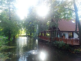 Пруд и ресторан в парке Лёвенру