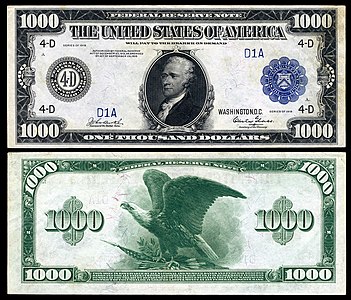 One-thousand-dollar Federal Reserve Note from the series of 1918 at Large denominations of United States currency, by the Bureau of Engraving and Printing