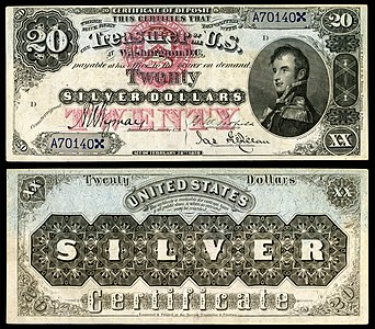 Twenty-dollar silver certificate from the series of 1878, by the Bureau of Engraving and Printing