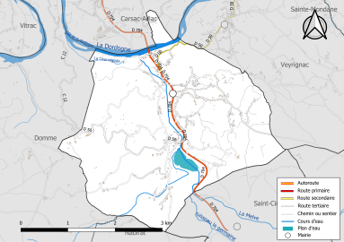 Carte en couleur présentant le réseau hydrographique de la commune