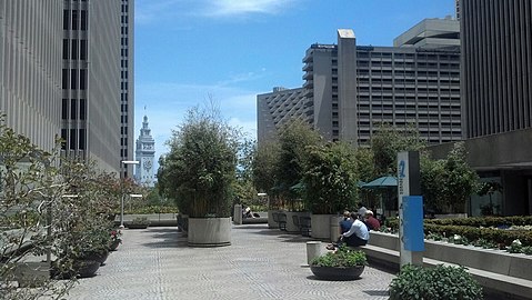 Plaza Level of Two Embarcadero Center towards the back of the Hyatt Regency and the Ferry Building