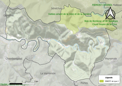 Carte des ZNIEFF de type 2 sur la commune.