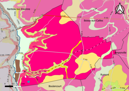 Carte montrant en couleurs le zonage géologique simplifié d'une commune