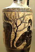 Lécythe. Peintre d'Athéna. Achille guette Polyxène près de la fontaine. v. 480. Louvre
