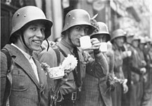 苏台德德意志自由军团的志愿者在埃格接受当地居民的茶点