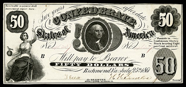 Fifty Confederate States dollar (T8), by Hoyer & Ludwig