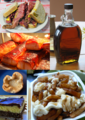 Image 4A small sampling of Canadian foods. Clockwise from top left: Montreal-style smoked meat; maple syrup; poutine; Nanaimo bar; butter tart; and peameal bacon. (from Culture of Canada)
