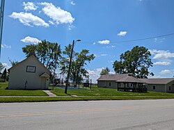 "The Old School" (left) next to a public park in Exline, Iowa