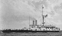 Ironclad warship with large forward turret and white superstructure