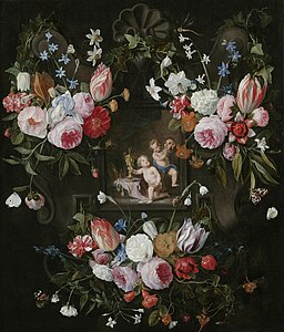 Garland Still Life of Flowers Around an Allegorical Image of Putti with Costly Objects and a Mask