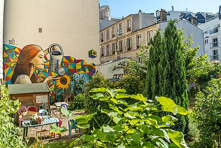 Jardin partagé, angle rue Fessart et rue Clavel (en 2018).