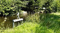 Im Vordergrund die Stellfalle für den Abfluss des Jeglesgrabens direkt zur Wiese, rechts im Hintergrund die Mündung in den Kanal.