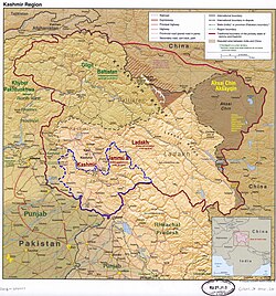 Jammu lies in the Jammu division (neon blue) of the Indian-administered Jammu and Kashmir (shaded tan) in the disputed Kashmir region.[2]
