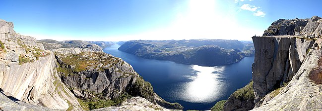 Panorama of Lysefjord with Preikestolen at the right of the image