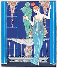 איור מאת ז'ורז' ברבייה של שמלה מאת ז'אן פקין (1914). עיצובים פרחוניים מסוגננים וצבעים בהירים היו תכונה של אר דקו המוקדם.