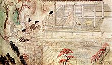 Painting. A monk is seated on a veranda. A man is kneeling in front of him and four others below the veranda.