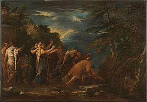 Oil painting showing, at the far left, a cloaked and hooded Pythagoras emerging from a cave in the woods as a large crowd of adoring followers wait outside to greet him.