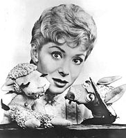 Publicity photo of Shari Lewis and her puppets Lamb Chop and Charlie Horse from The Ford Show, April 7, 1960.
