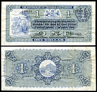 One Trinidad and Tobago dollar, by Thomas de la Rue & Co.