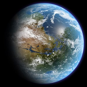 An artist's impression of a terraformed Mars centered over Valles Marineris. The Tharsis region can be seen of the left side of the globe.