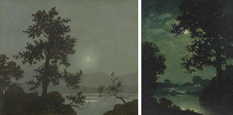 Twilight (c. 1918–1923, private collection) one of Watrous's nocturnes that pays homage to Ralph Blakelock. Right: Blakelock's Moonlight (c. 1888, Yale University Art Gallery).
