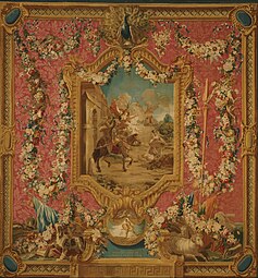 Louis XVI flower festoons on a tapestry showing Don Quixote guided by folly, by the Gobelins Manufactory, 1780–1783, wool and silk, woven on a low-warp loom, Philadelphia Museum of Art, US