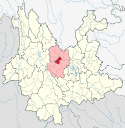 Location of Mouding County in Chuxiong Prefecture within Yunnan province