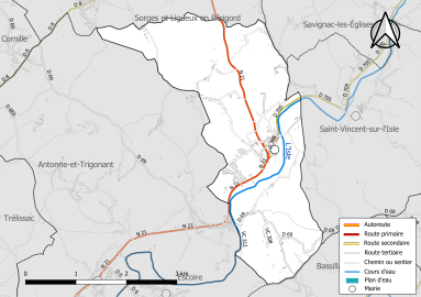 Carte en couleur présentant le réseau hydrographique de la commune