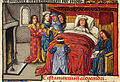 Folio 95v.: Alexander on his deathbed, surrounded by mourners, and dictating his will to his notary.