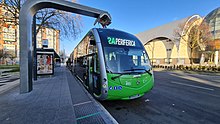 Irizar ieTram charging itself from an overhead power source