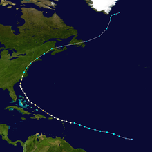 Track map of a hurricane across the western Atlantic Ocean. Its path forms the shape of a C.