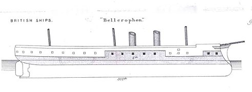 Seitenansicht der Bellerophon; fünf Geschütze der Mittel-Batterie mit hochgezogenener Panzerung