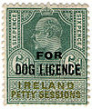 British 1903 King Edward VII revenue stamp appropriated for Petty Sessions for use in Ireland (further overprinted for Dog Licence)