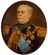 Half-length painted portrait depicting a gray-haired man with moustache wearing a military tunic with epaulettes, lanyards, blue sash, and several medals and orders on his breast and at his neck