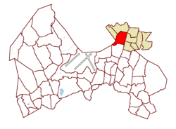 Location on the map of Vantaa, with the district in red and the major region in light brown