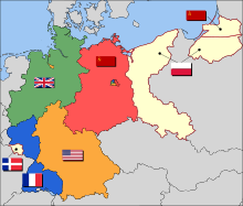 The eventual partition of Germany into Allied Occupation Zones:[27]   British zone   French zone (two exclaves) and beginning in 1947, the Saar Protectorate   American zone, including Bremen   Soviet zone, later the GDR   Polish and Soviet annexed territory