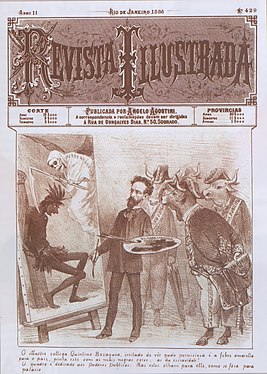 Cover of issue No. 429, 1886, depicting Quintino Bocaiúva painting a picture alluding to yellow fever, while the public authorities, represented as cows, watch the scene impassively.