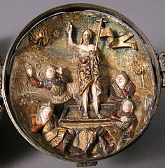 "Rosary Bead with the Crucifixion and Resurrection", a rare Spanish example, with Ivory.[30] Metropolitan Museum of Art