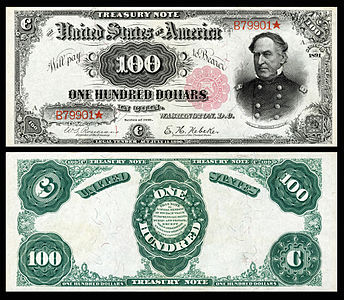 One-hundred-dollar Treasury Note from the series of 1891, by the Bureau of Engraving and Printing