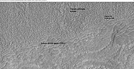 Close-up of lobate debris apron from the previous CTX image of a mesa. Image shows open-cell brain terrain and closed-cell brain terrain, which is more common. Open-cell brain terrain is thought to hold a core of ice. Image is from HiRISE under HiWish program.