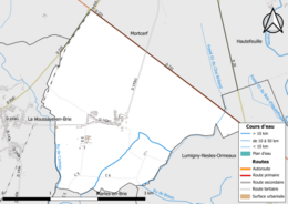 Carte en couleur présentant le réseau hydrographique de la commune