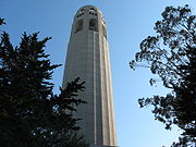 A closer photograph of Coit Tower from the parking lot.